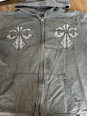 Affliction Men's Black Zip-Up Hoodie with White Fleur Cross Motifs